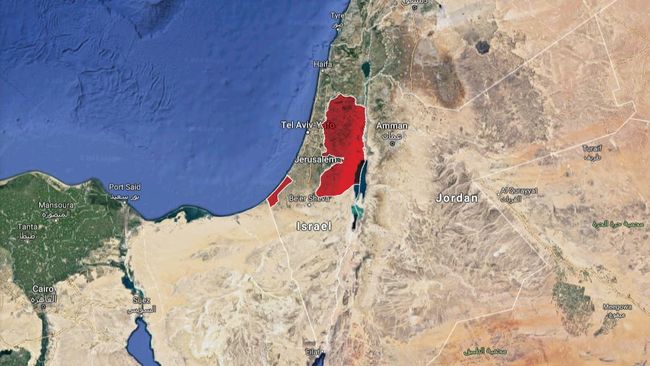 Tanda merah merupakan negara Palestina yang tak dicantumkan di Google Maps (CNN Indonesia/ Astari via Google Earth) Google dan Kasus Lama Palestina yang Hilang